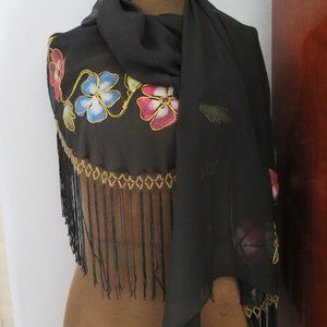 SOLD Black Sheer Fringed Shawl